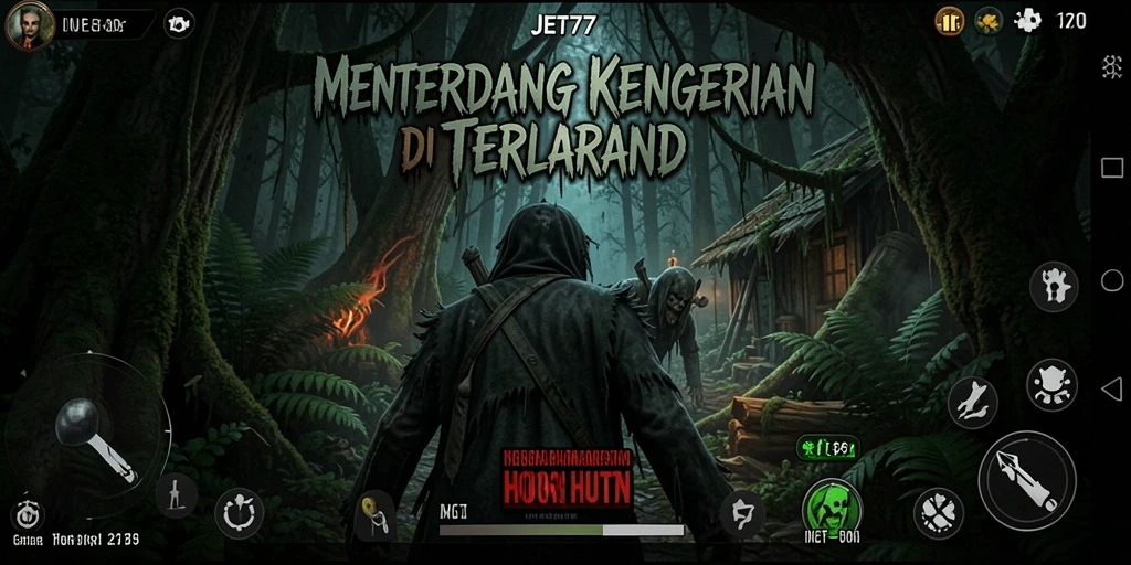 Tampilan antarmuka JET77 menampilkan suasana mencekam di hutan gelap.