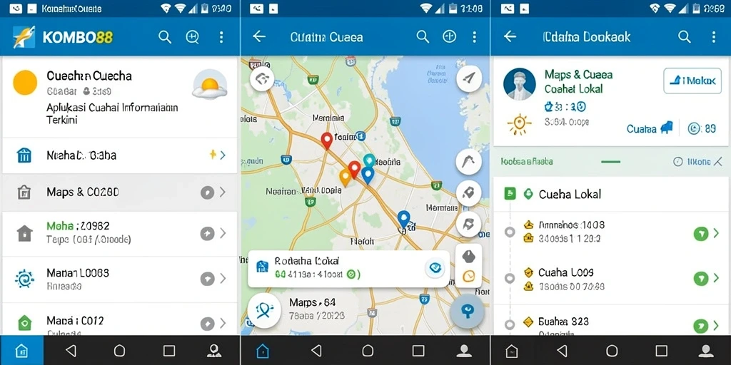 Screenshot utama aplikasi KOMBO88 menampilkan antarmuka Cuaca Lokal yang informatif.